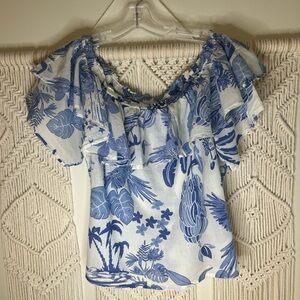 Nicole Miller Blue Floral Ruffle Blouse